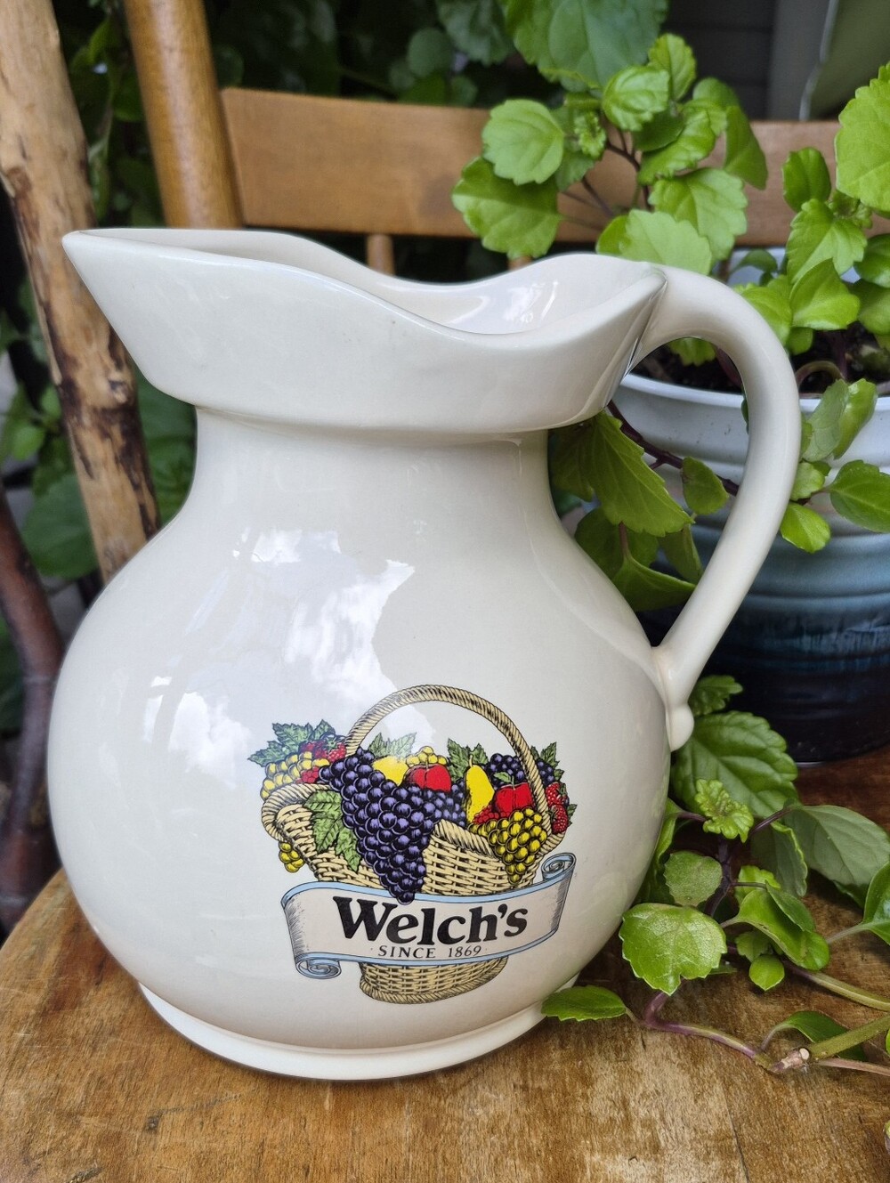 Vintage Welch's Ceramic Pitcher in Cream with Fruit Basket 1869 Logo Graphic